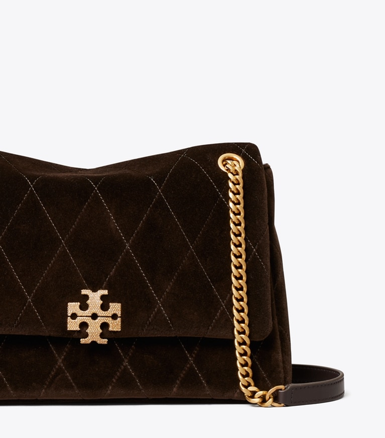 Tory Burch designer schultertaschen Gesteppte Charlie Schultertasche aus Samt mit Pavé in Chestnut detail