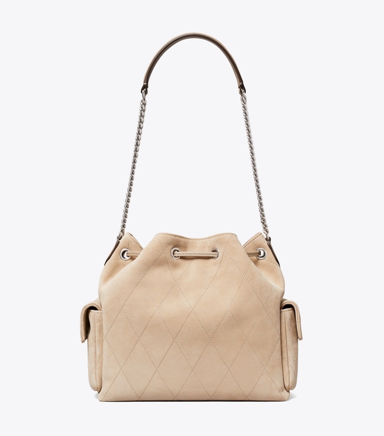 Tory Burch designer schultertaschen Gesteppte Charlie Schultertasche aus Wildleder mit Tunnelzug in Gray zurück