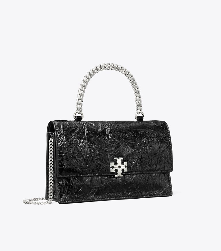 Tory Burch designer crossbody bags Gesteppte Mini Charlie Crossbody Bag im Used-Look mit Tragegriff oben in BLACK angle