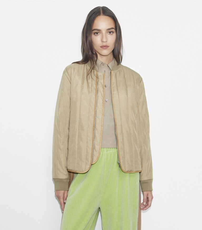 Tory Burch designer jacken Gesteppte Nylonjacke in Taupe Gray front