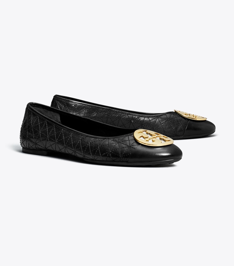 Tory Burch designer loafers Gesteppter Claire Ballerina in PERFECT BLACK / GOLD / SILVER angle