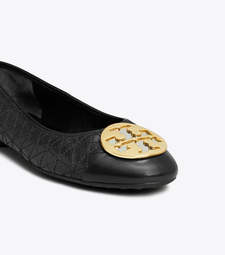 Tory Burch designer loafers Gesteppter Claire Ballerina in PERFECT BLACK / GOLD / SILVER detail