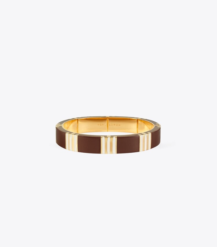 Tory Burch designer armbänder Gestreifter Armreif mit T in Tory Gold / Burgundy / Pink front