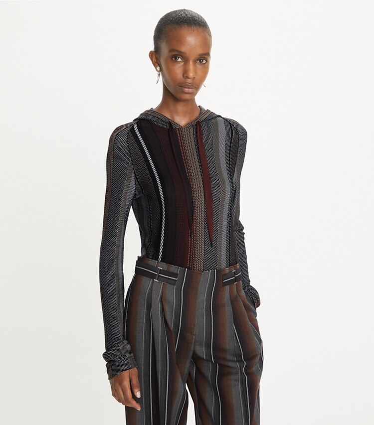 Tory Burch designer strickware Gestreifter Hoodie aus Viskose in Black/Rust on model detail