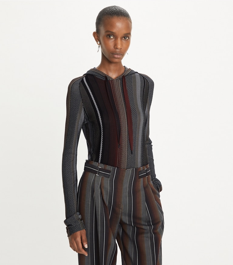 Tory Burch designer strickware Gestreifter Hoodie aus Viskose in Black/Rust front