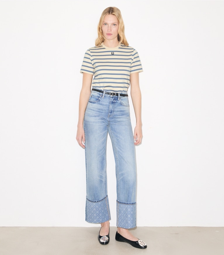 Tory Burch designer oberteile Gestreiftes Baumwoll-T-Shirt in Light Ivory/Blue TEI Heavy Y/D Cotton modell von vorn