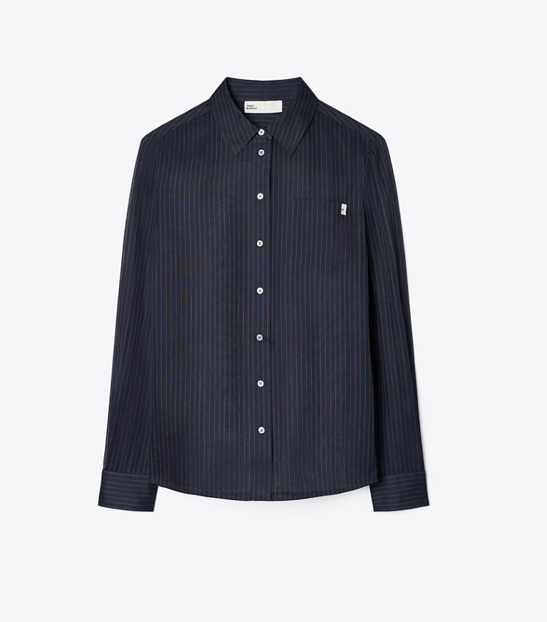 Tory Burch designer oberteile Gestreiftes Baumwollhemd in Navy front
