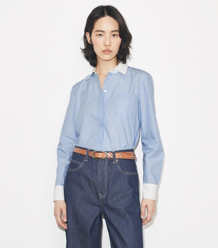 Tory Burch designer oberteile Gestreiftes Button-down-Hemd in Blue Stripe on model detail