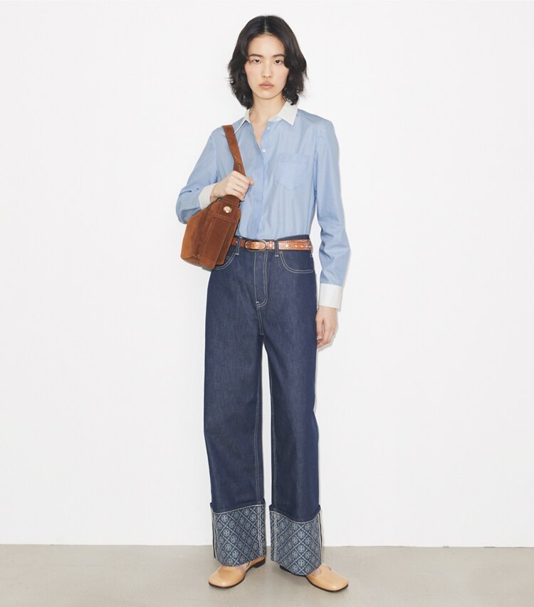 Tory Burch designer oberteile Gestreiftes Button-down-Hemd in Blue Stripe modell von vorn