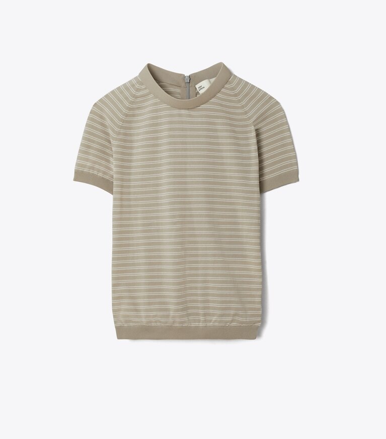 Tory Burch designer strickware Gestreiftes Nylontop mit Stehkragen in Gray Chateau front