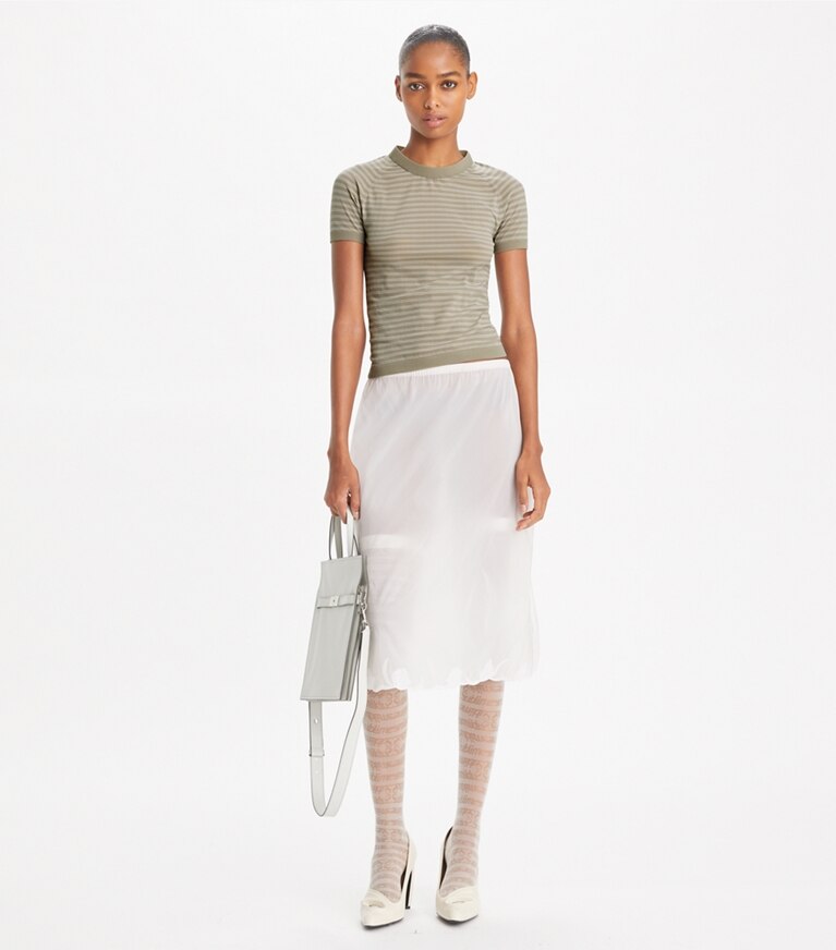 Tory Burch designer strickware Gestreiftes Nylontop mit Stehkragen in Gray Chateau front