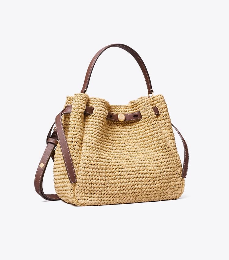 Tory Burch designer crossbody bags Gewebte Romy Bucket Bag in Natural angle