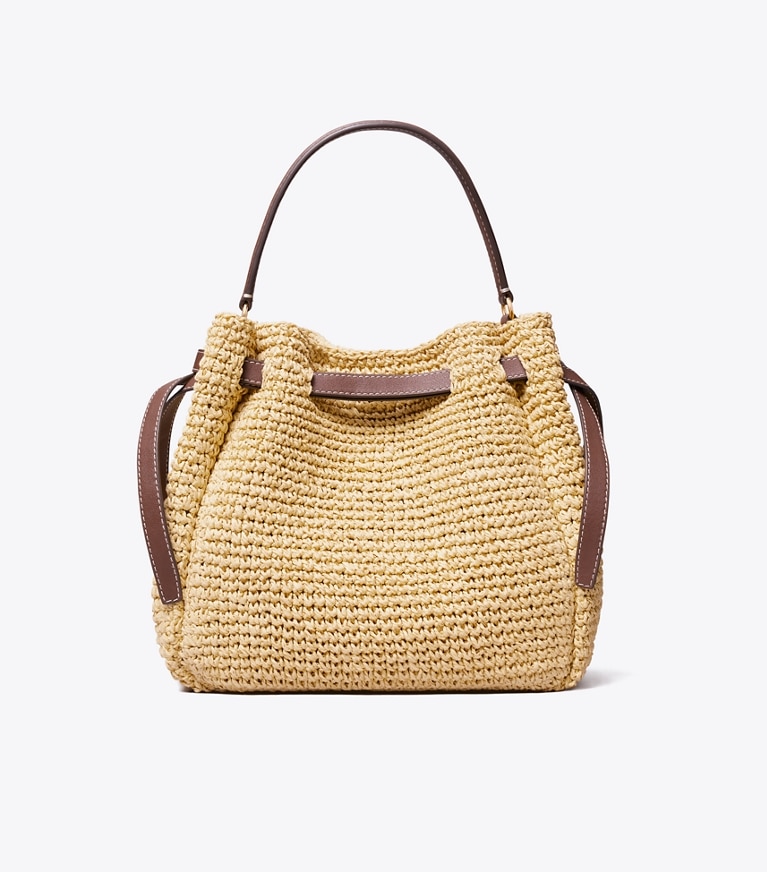 Tory Burch designer crossbody bags Gewebte Romy Bucket Bag in Natural zurück