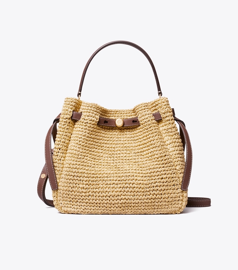 Tory Burch designer crossbody bags Gewebte Romy Bucket Bag in Natural front