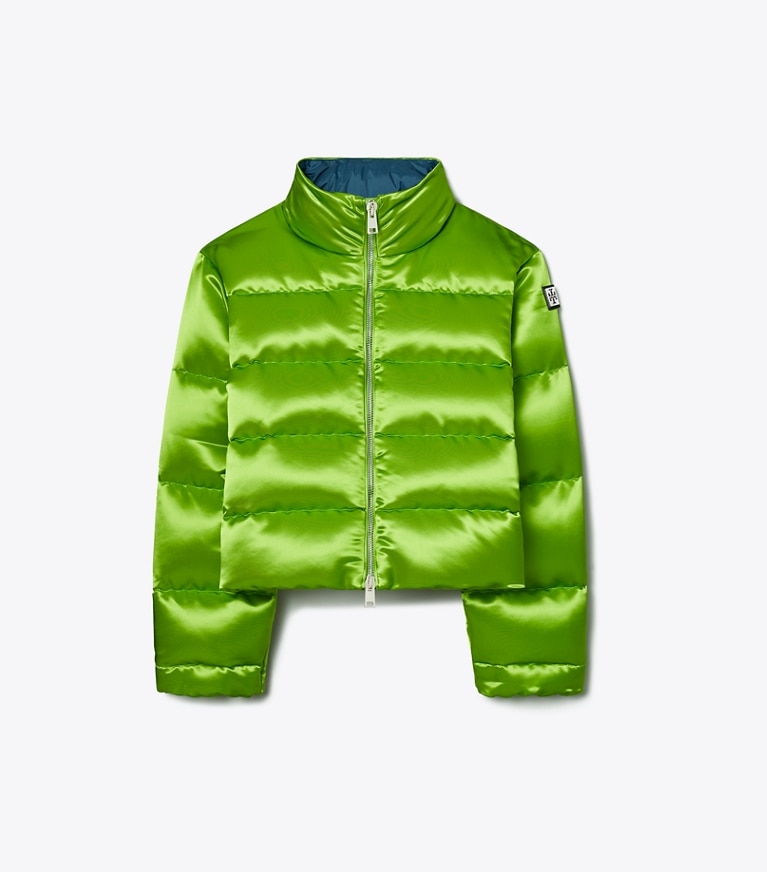 Tory Sport designer cappotti Giacca imbottita in raso in Brilliant Green front