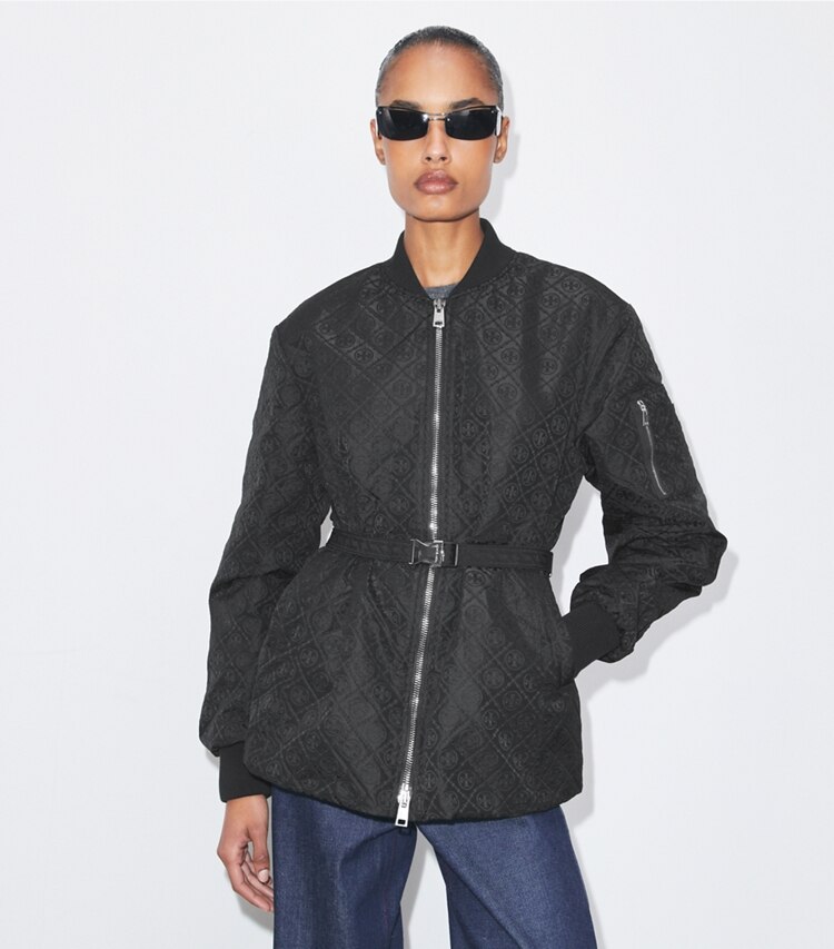 Tory Burch designer giacche Giacca in jacquard T Monogram con zip in Black T Monogram on model detail