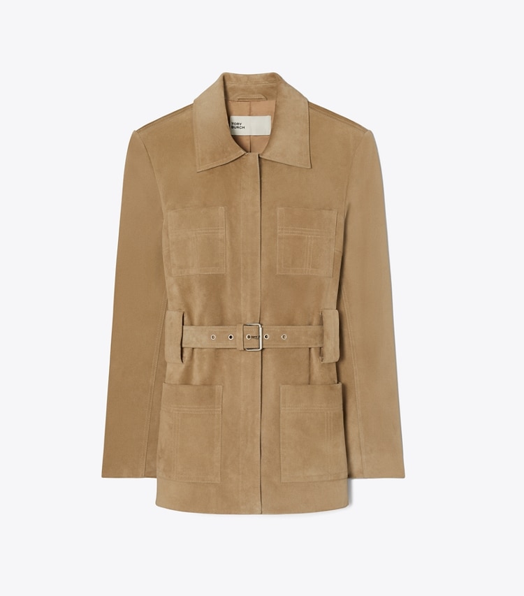 Tory Burch designer giacche Giacca in suede con cintura in Light Brown front