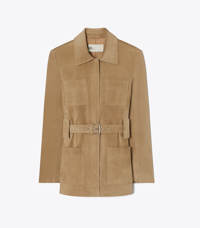 Tory Burch designer giacche Giacca in suede con cintura in Light Brown front