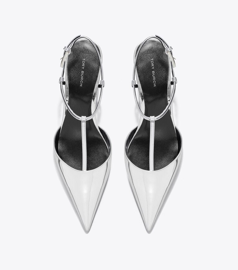 Tory Burch designer escarpins Gigi, chaussure à talon compensé salomé dans PLATINUM vue du dessus