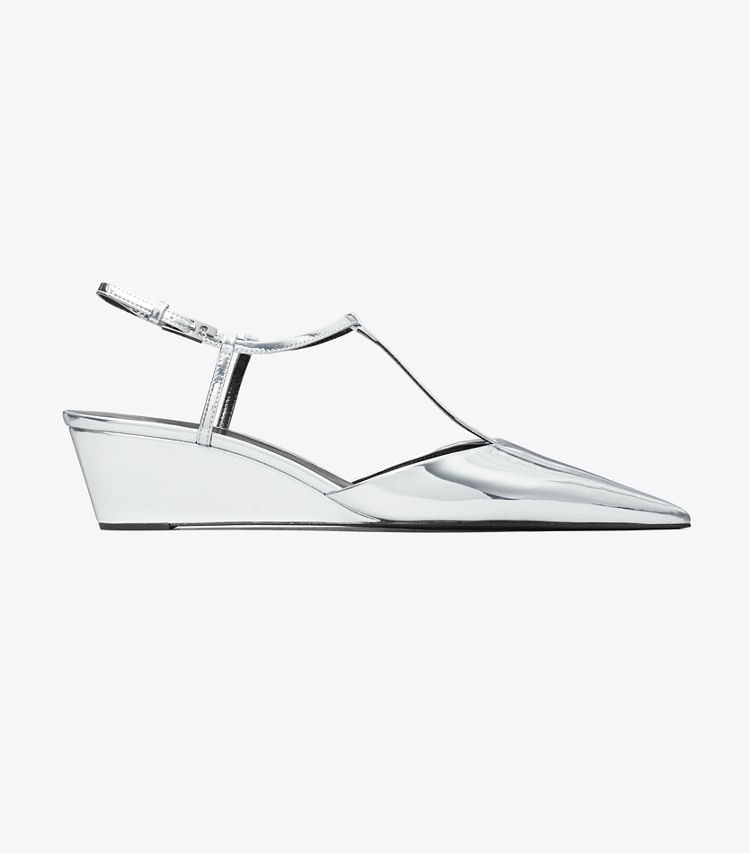Tory Burch designer escarpins Gigi, chaussure à talon compensé salomé dans PLATINUM de côté