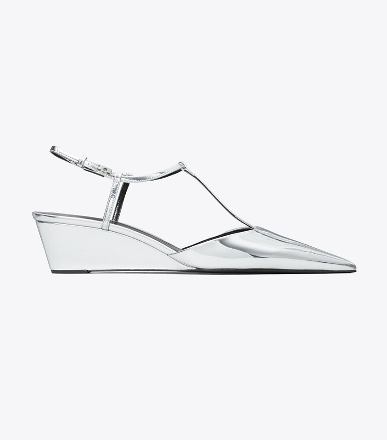 Tory Burch designer escarpins Gigi, chaussure à talon compensé salomé dans PLATINUM de côté