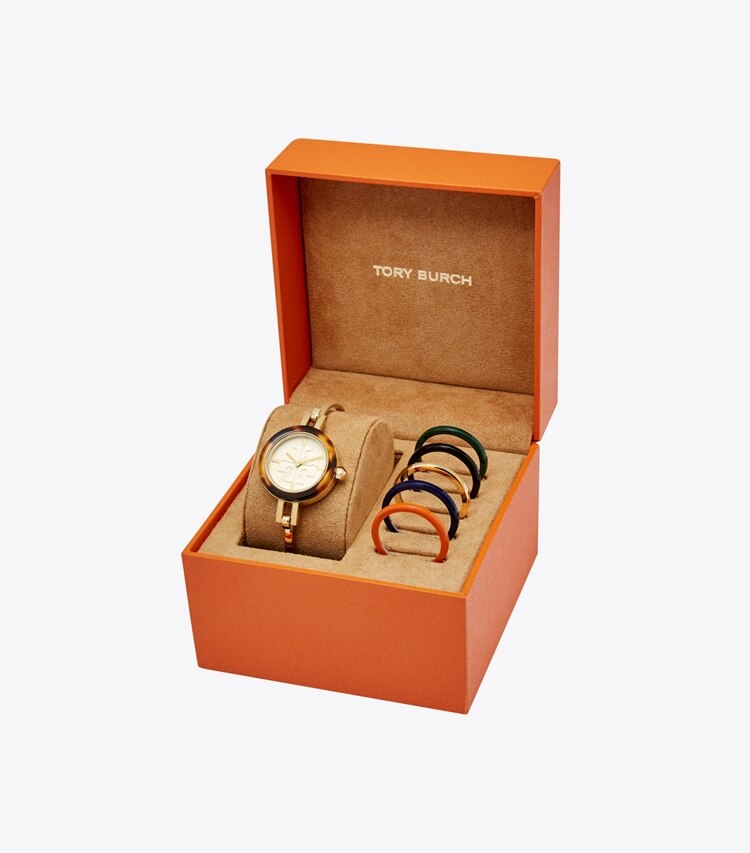 Tory Burch designer strap watches Gigi Bangle Watch, Multi-Color/Gold-Tone, 27 MM in Gold/Ivory/Multi watches box