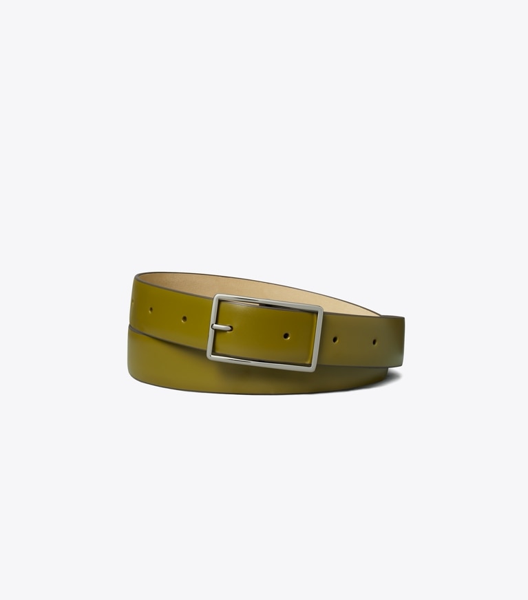 Tory Burch designer belts Gigi Belt in Green Olive/Silver front