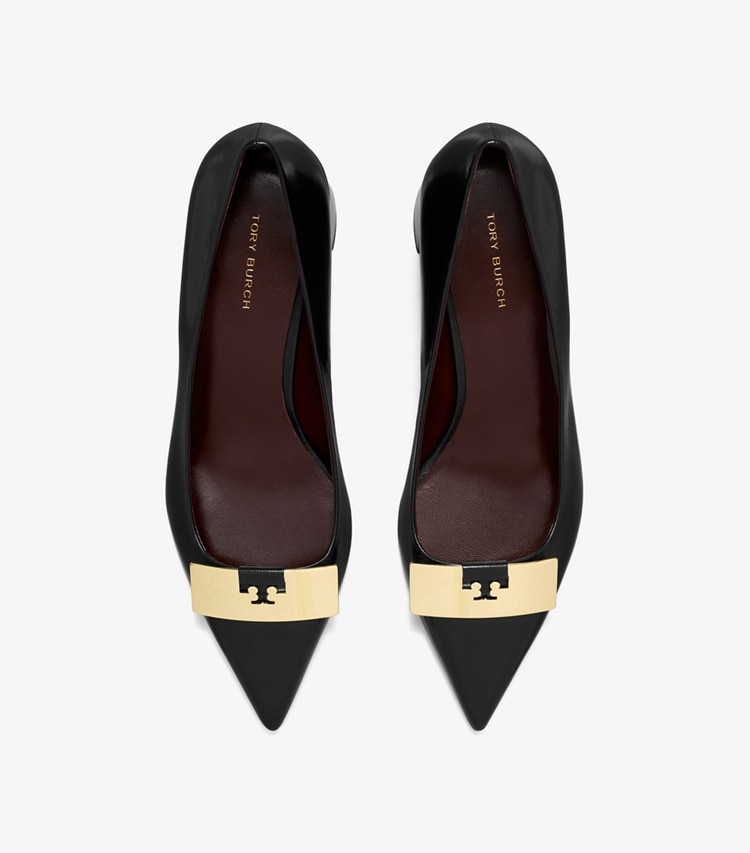 Tory Burch designer heels Gigi Pump in PERFECT BLACK / GOLD overhead