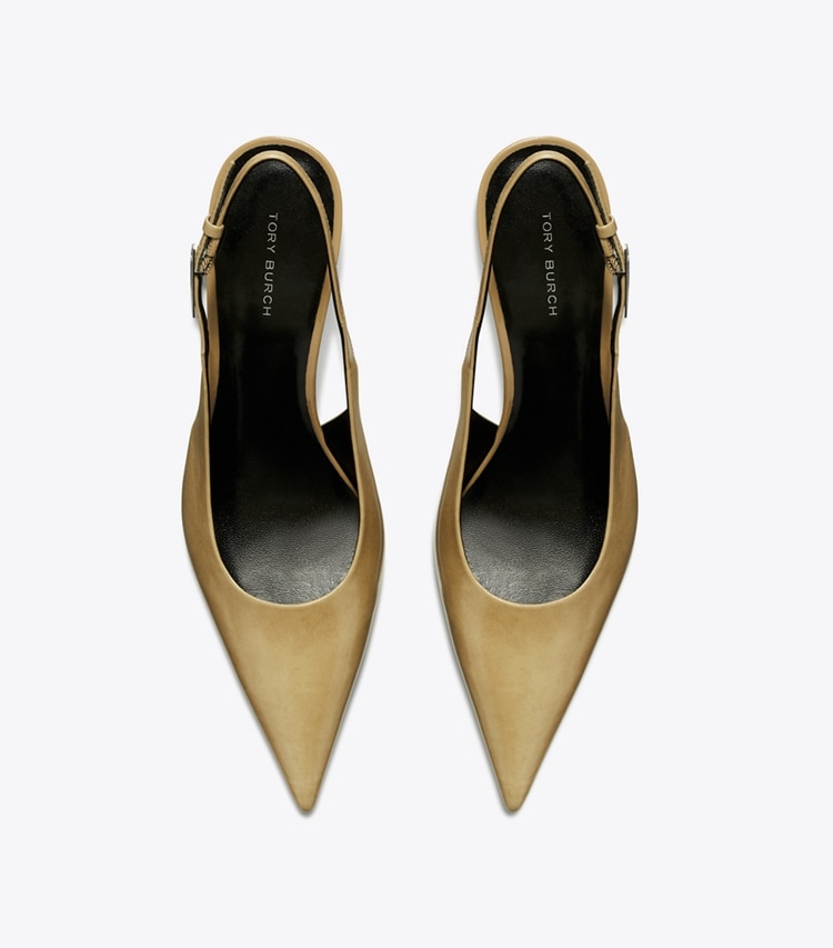 Tory Burch designer heels Gigi Slingback Wedge in BURNT HONEY overhead