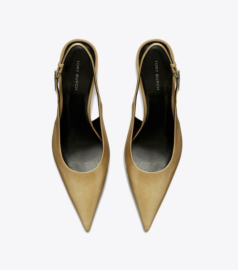 Tory Burch designer heels Gigi Slingback Wedge in BURNT HONEY overhead