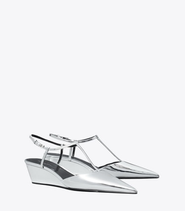 Tory Burch designer heels Gigi T-Strap Wedge in PLATINUM angle