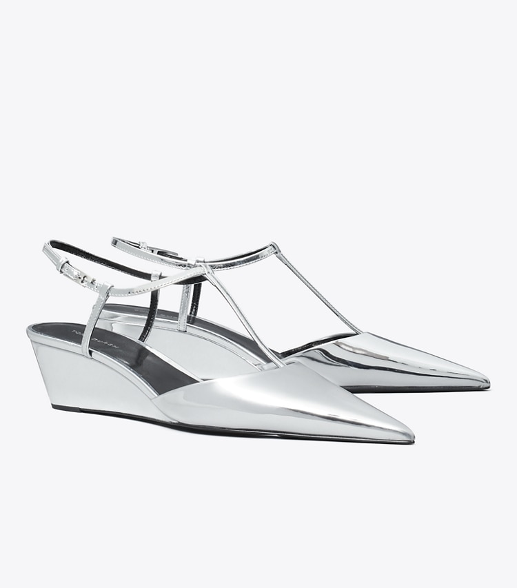 Tory Burch designer heels Gigi T-Strap Wedge in PLATINUM angle
