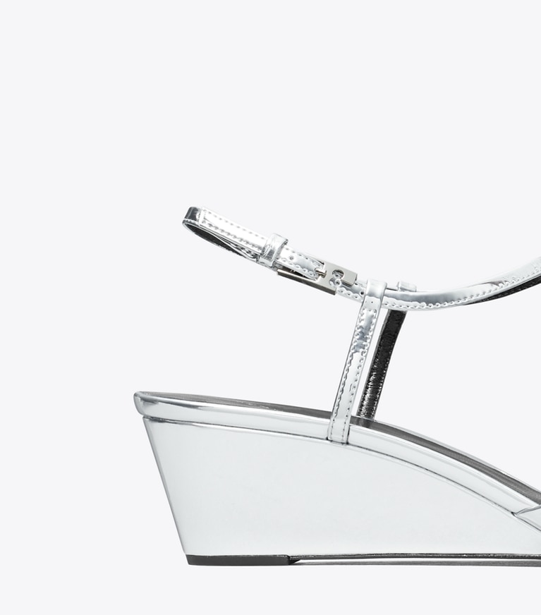 Tory Burch designer heels Gigi T-Strap Wedge in PLATINUM detail