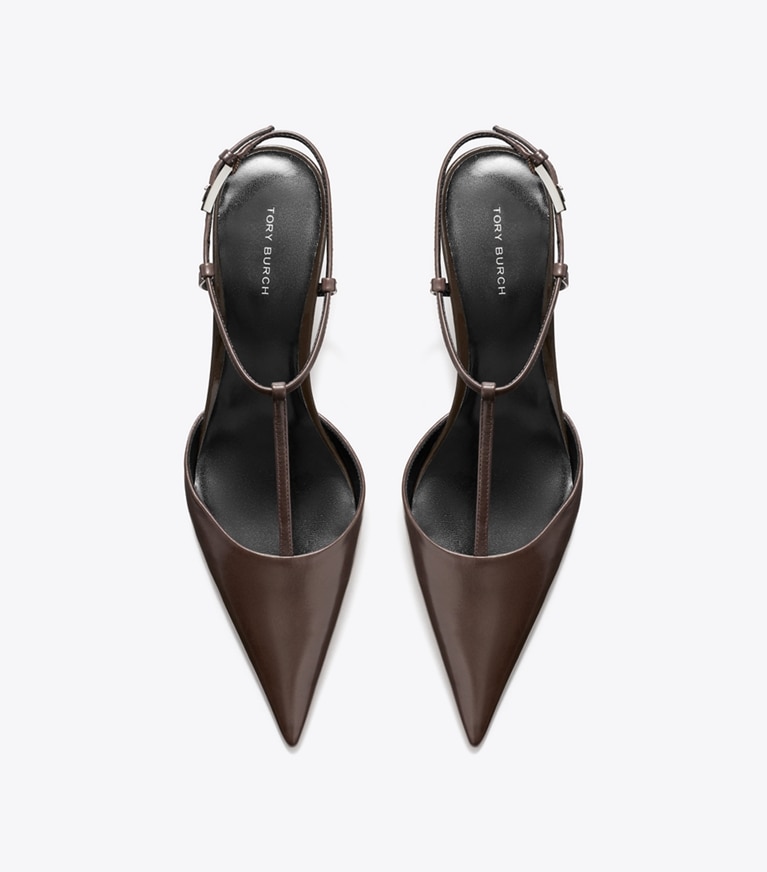 Tory Burch designer heels Gigi T-Strap Wedge in Cocoa overhead