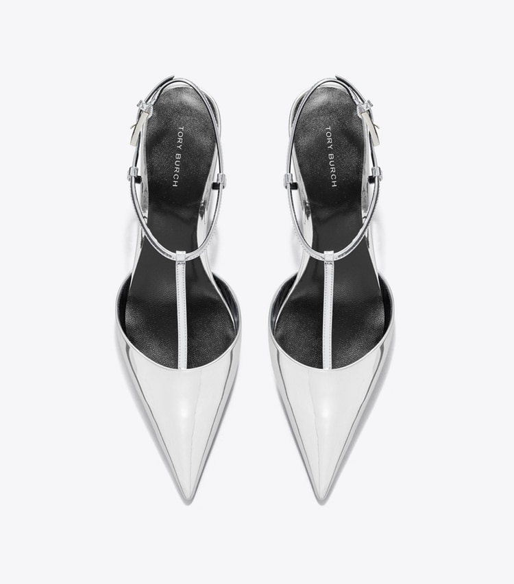 Tory Burch designer heels Gigi T-Strap Wedge in PLATINUM overhead