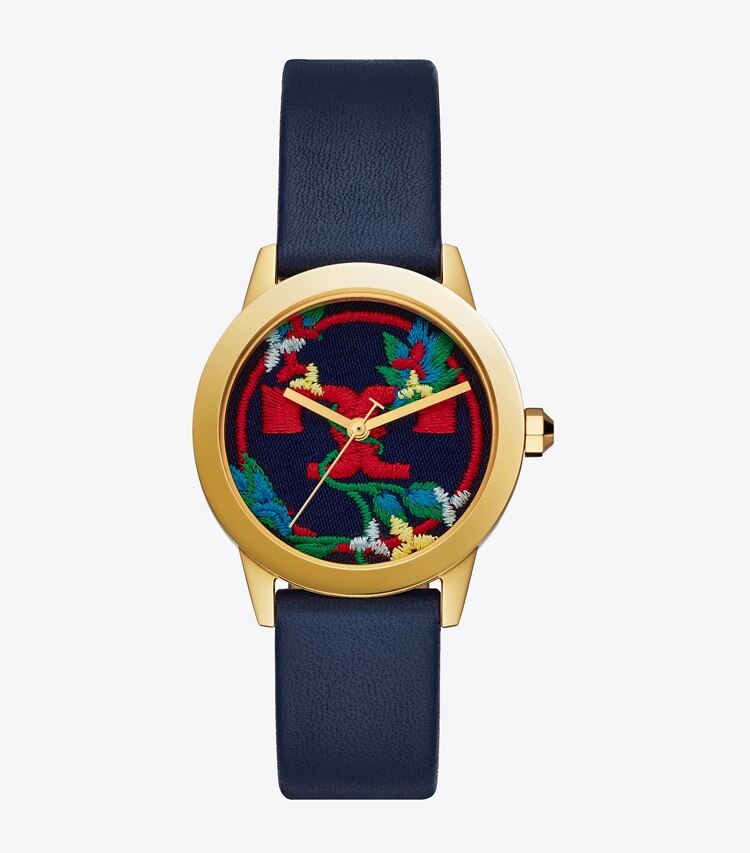Tory Burch designer strap watches Gigi Watch, Blue Leather/Gold Tone, 36 X 42 MM in Navy/Gold/Multi front