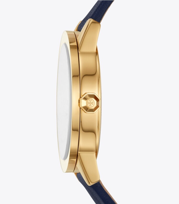 Tory Burch designer strap watches Gigi Watch, Blue Leather/Gold Tone, 36 X 42 MM in Navy/Gold/Multi side