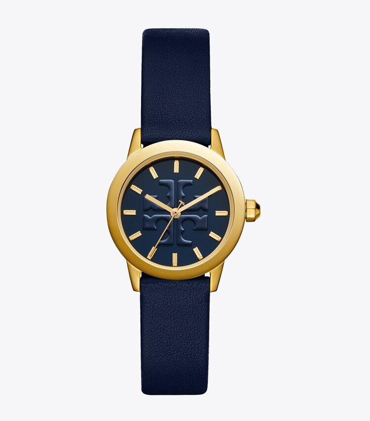 Tory Burch designer strap watches Gigi Watch, Navy Leather/Gold-Tone, 28 MM in Gold/Navy front