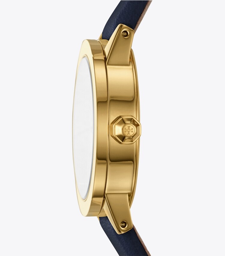 Tory Burch designer strap watches Gigi Watch, Navy Leather/Gold-Tone, 28 MM in Gold/Navy side