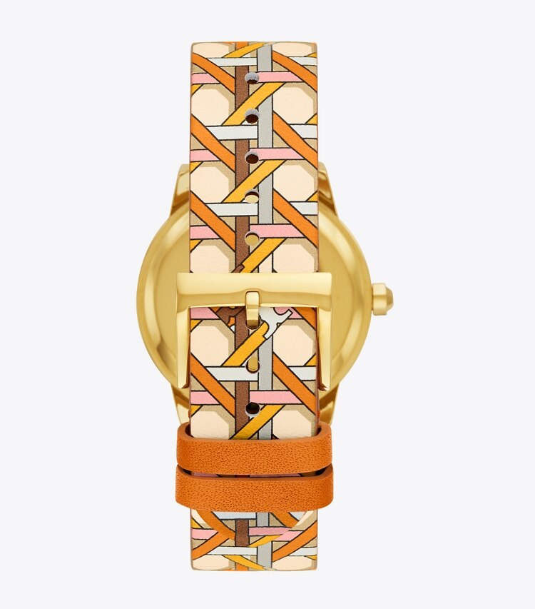 Tory Burch designer strap watches Gigi Watch, Printed Leather/Gold-Tone, 36 x 42 MM in ORANGE/GOLD back