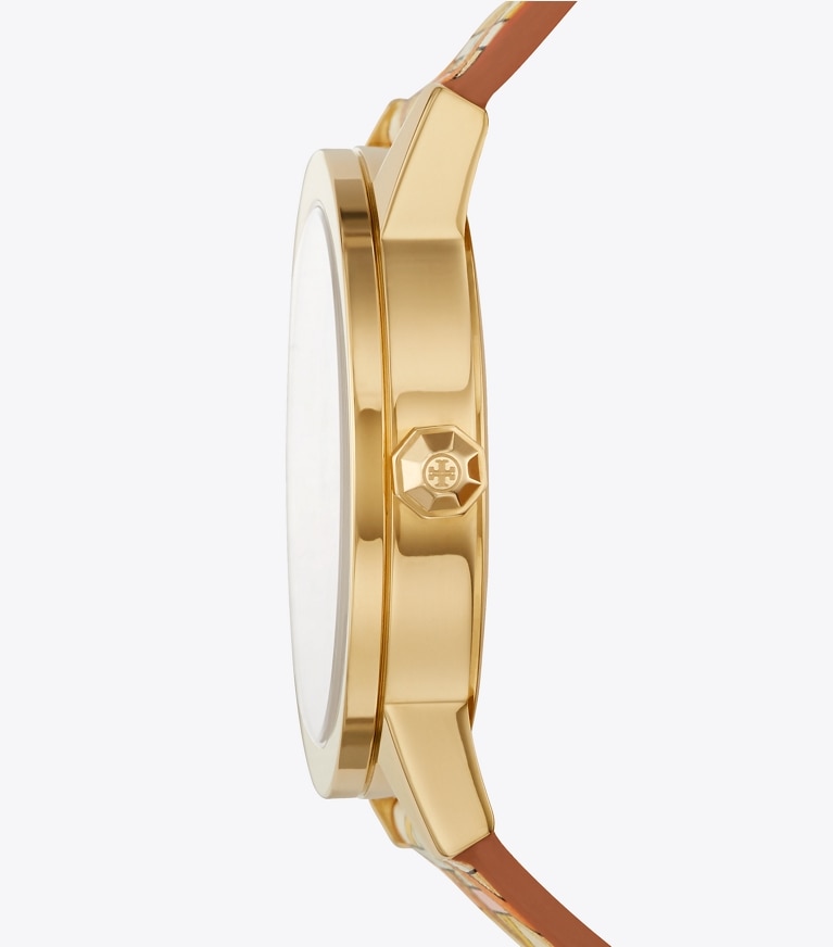 Tory Burch designer strap watches Gigi Watch, Printed Leather/Gold-Tone, 36 x 42 MM in ORANGE/GOLD front