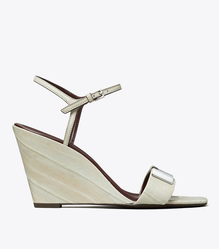 Tory Burch designer sandals Gigi Wedge Sandal in DRIFTWOOD / SILVER angle