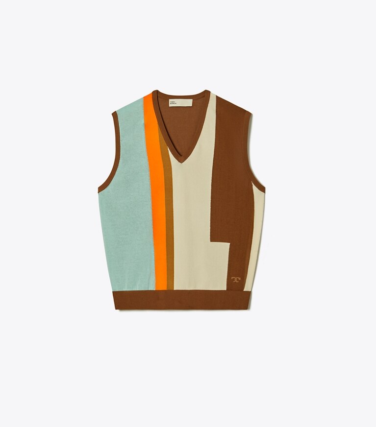 Tory Sport designer maglioni Gilet color-block in Allspice / Blue Aqua / French Cream front