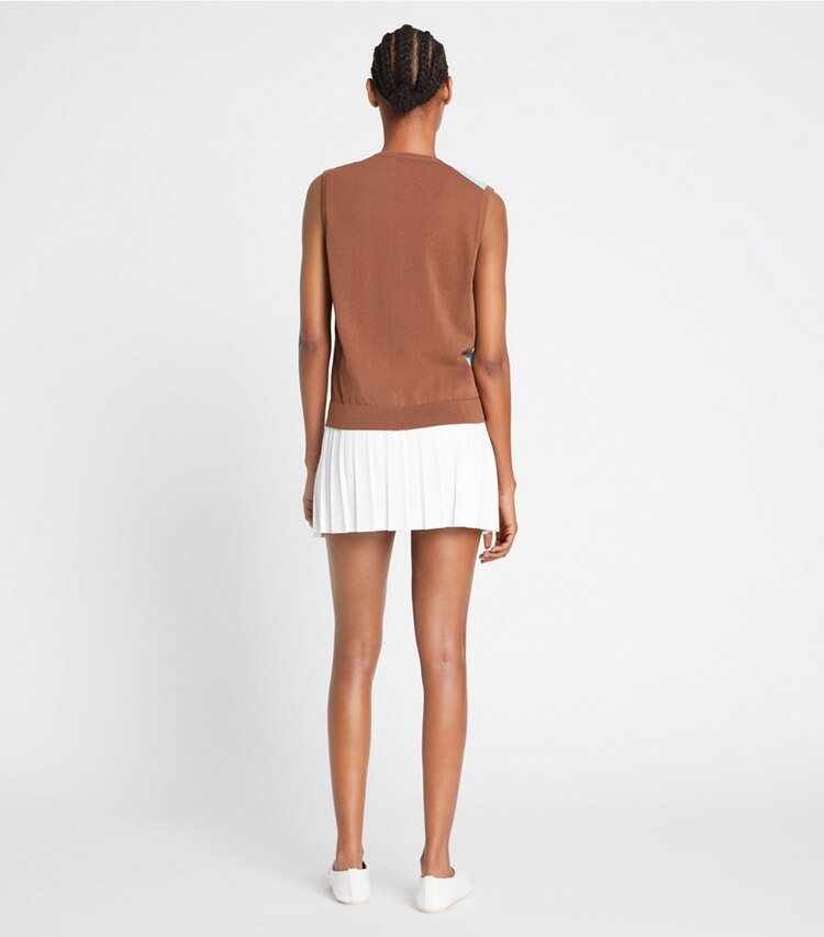 Tory Sport designer maglioni Gilet color-block in Allspice / Blue Aqua / French Cream on model back