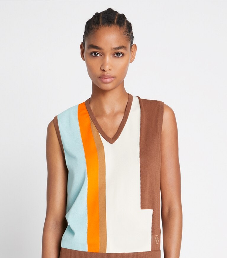 Tory Sport designer maglioni Gilet color-block in Allspice / Blue Aqua / French Cream front