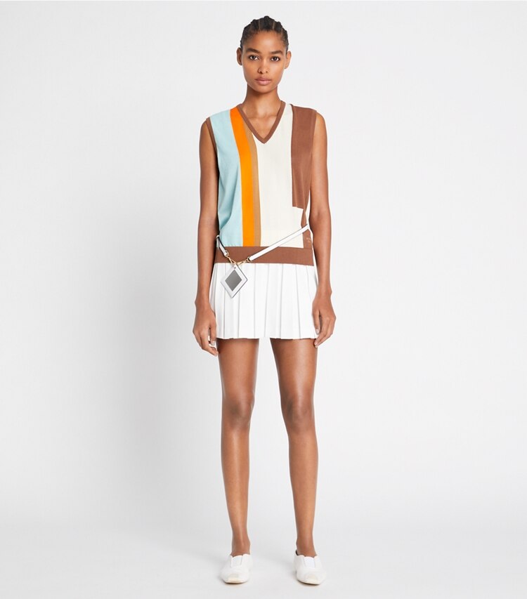 Tory Sport designer maglioni Gilet color-block in Allspice / Blue Aqua / French Cream parte anteriore su modella