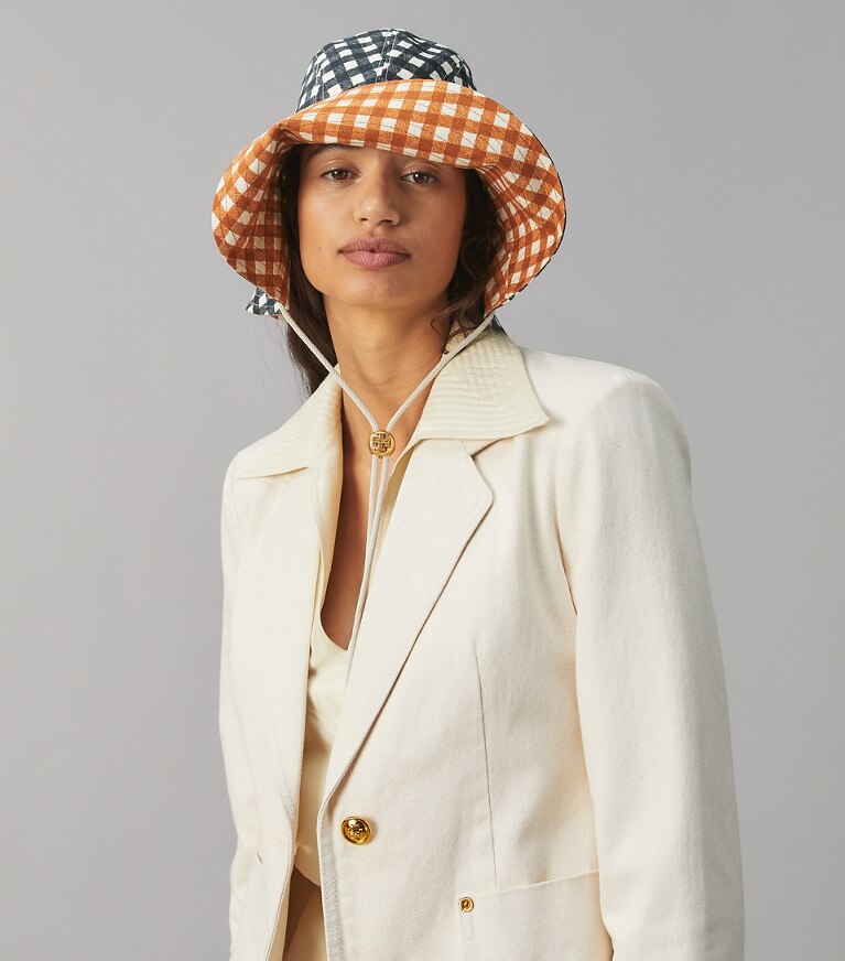 Tory Burch designer hats Gingham Reversible Bucket Hat in GINGHAM /  GINGHAM front