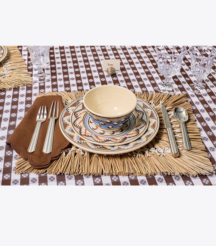 Tory Burch designer linens Gingham Tablecloth, 120" x 70" in Brown editorial