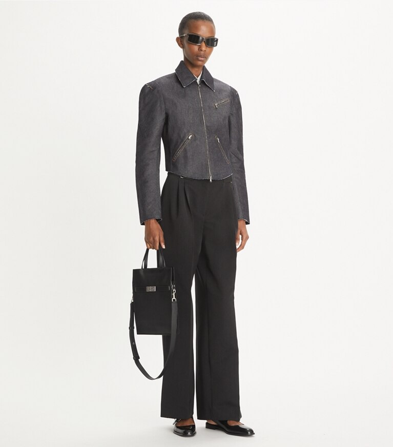 Tory Burch designer giacche Giubbotto da motociclista in denim in Unwashed Raw Indigo front