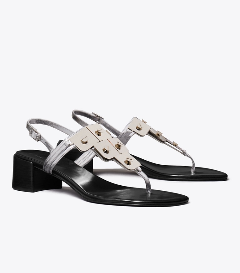 Tory Burch designer sandals Gladiator Capri Heeled Sandal in SILVER angle
